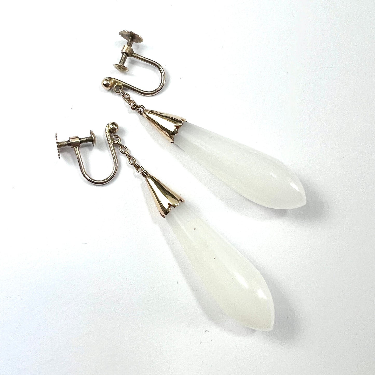 Antique 9CT Gold White Chalcedony Teardrop Earrings