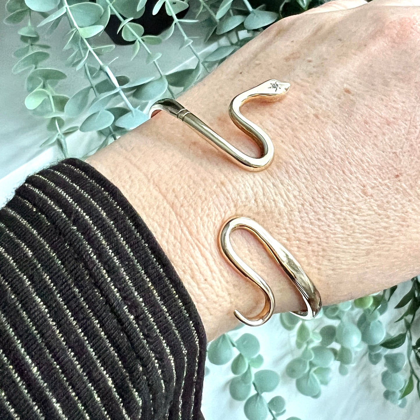 Vintage Diamond-set Solid Gold Snake Slave Bangle