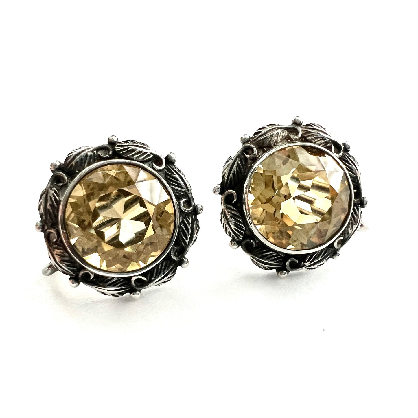 Vintage Arts and Crafts Citrine Silver Flower Screwback Earrings