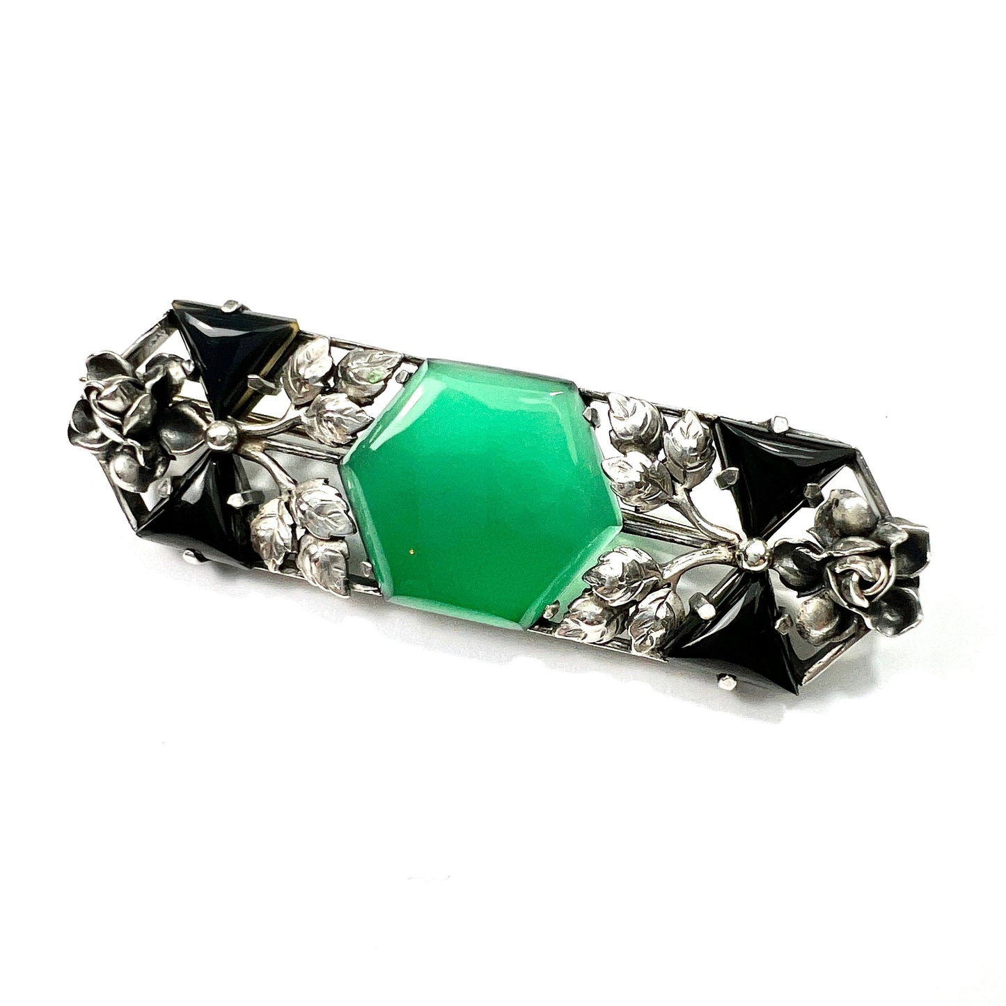 Edwardian Arts and Crafts Silver Chrysoprase Leaf and Flower Brooch