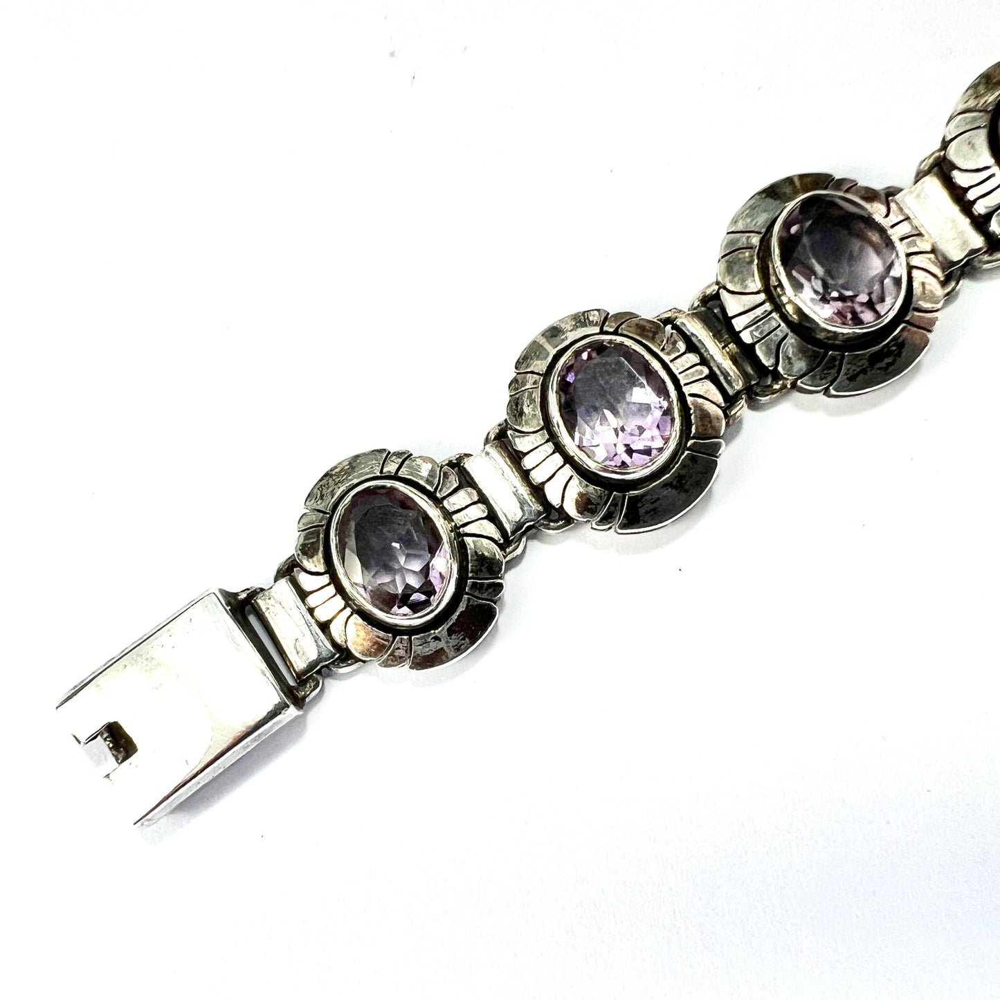Vintage Arts and Crafts Amethyst Silver Panel Bracelet