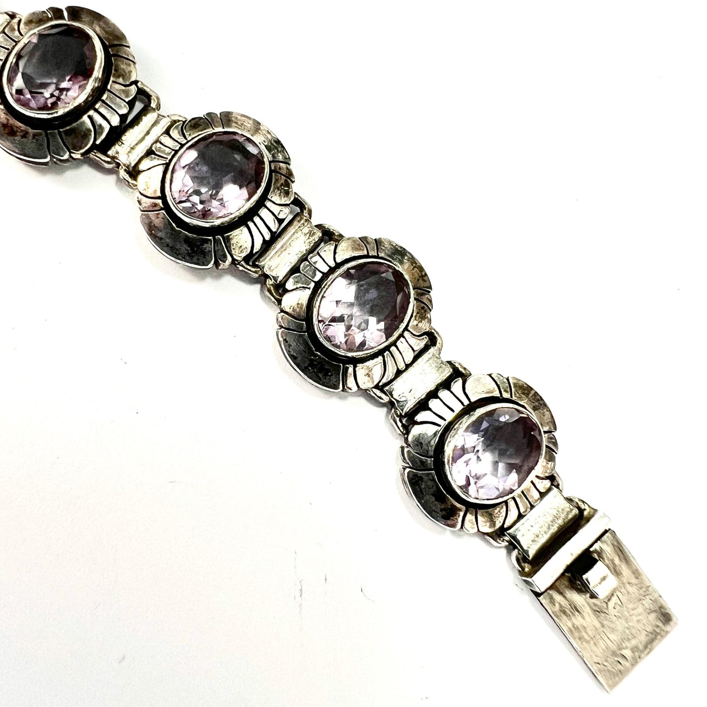 Vintage Arts and Crafts Amethyst Silver Panel Bracelet