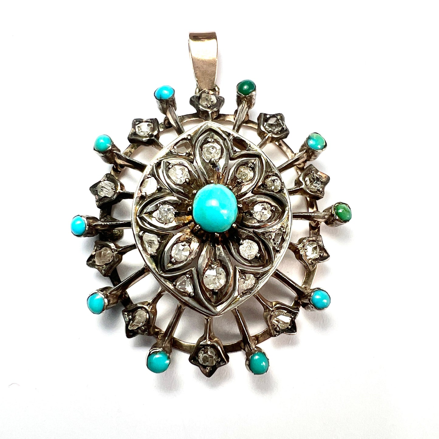 Antique Rose Cut Diamond Turquoise Gold and Silver Pendant