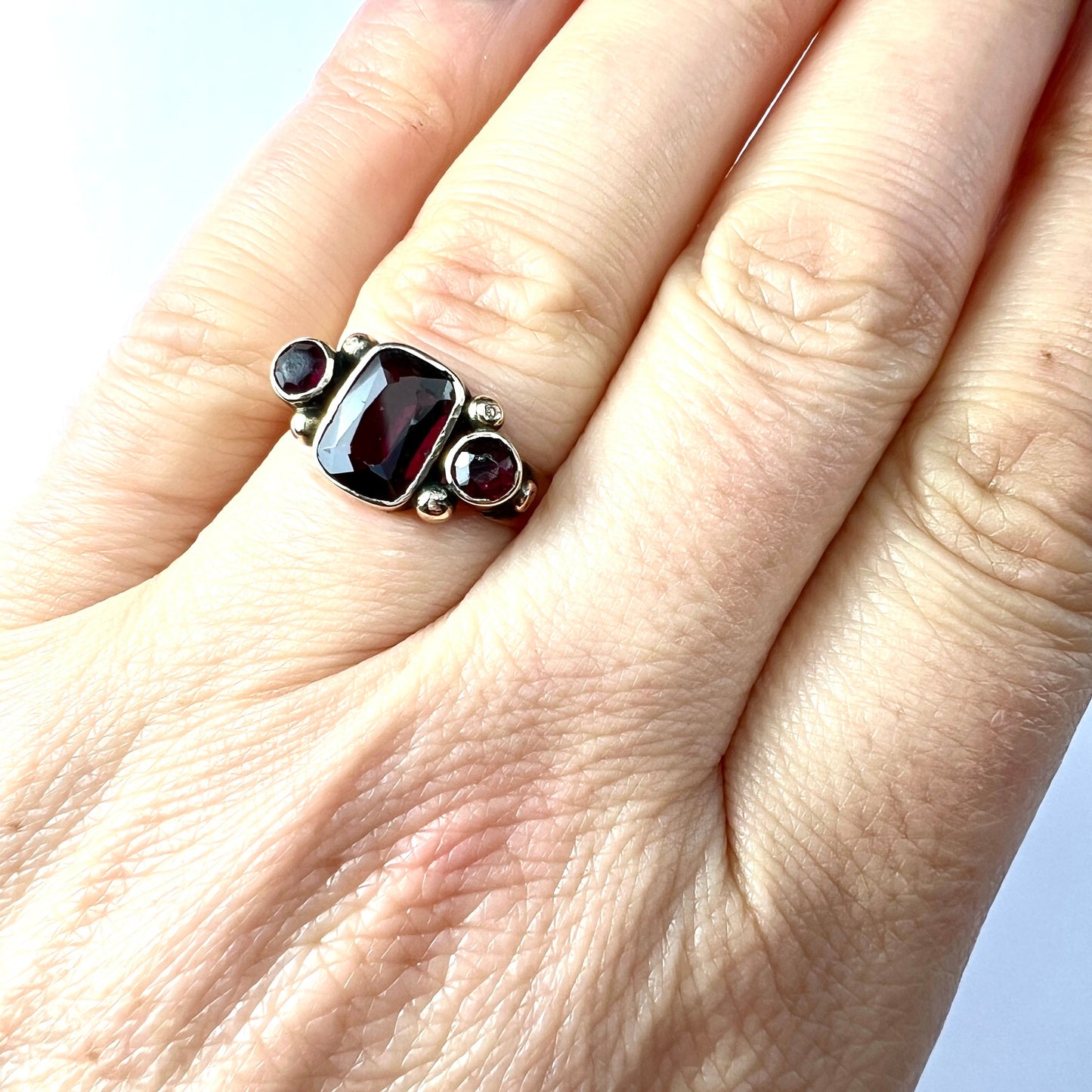 Georgian 9CT Gold Garnet Three Stone Ring