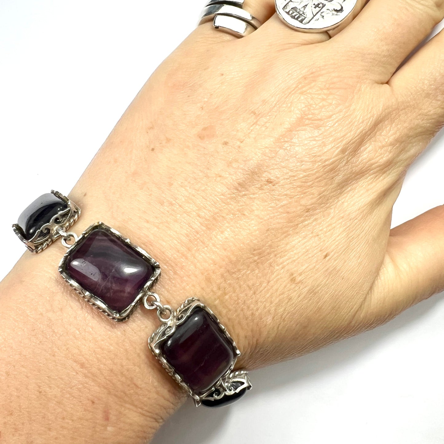 Vintage Chunky Fluorite Silver Panel Bracelet