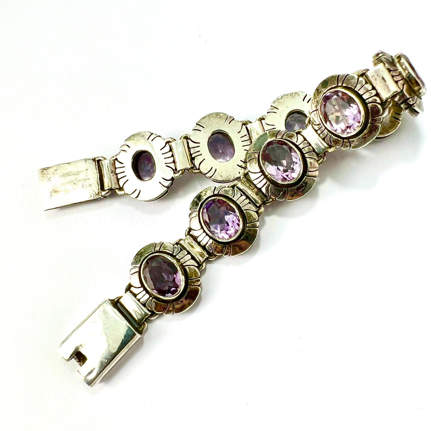 Vintage Arts and Crafts Amethyst Silver Panel Bracelet
