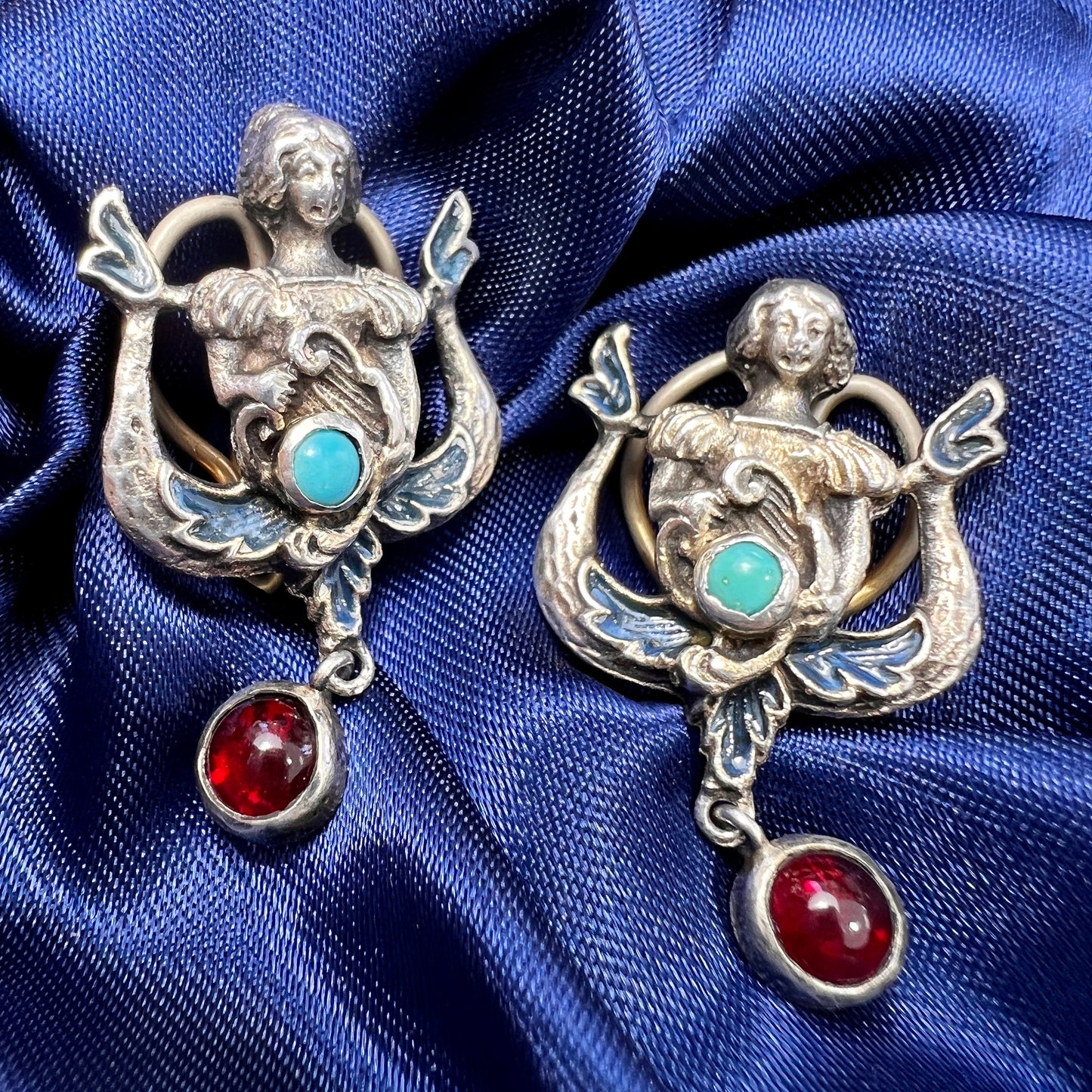 Rare Antique Austro Hungarian Style Enamel Silver Paste Earrings