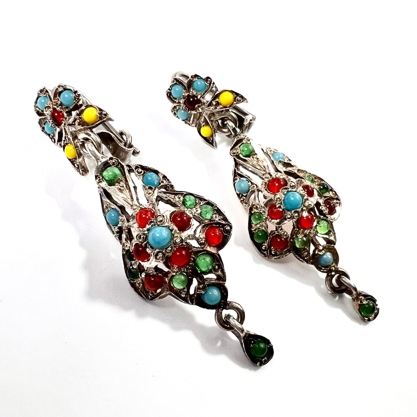 Vintage Sterling Silver Indian Glass Chandelier Earrings