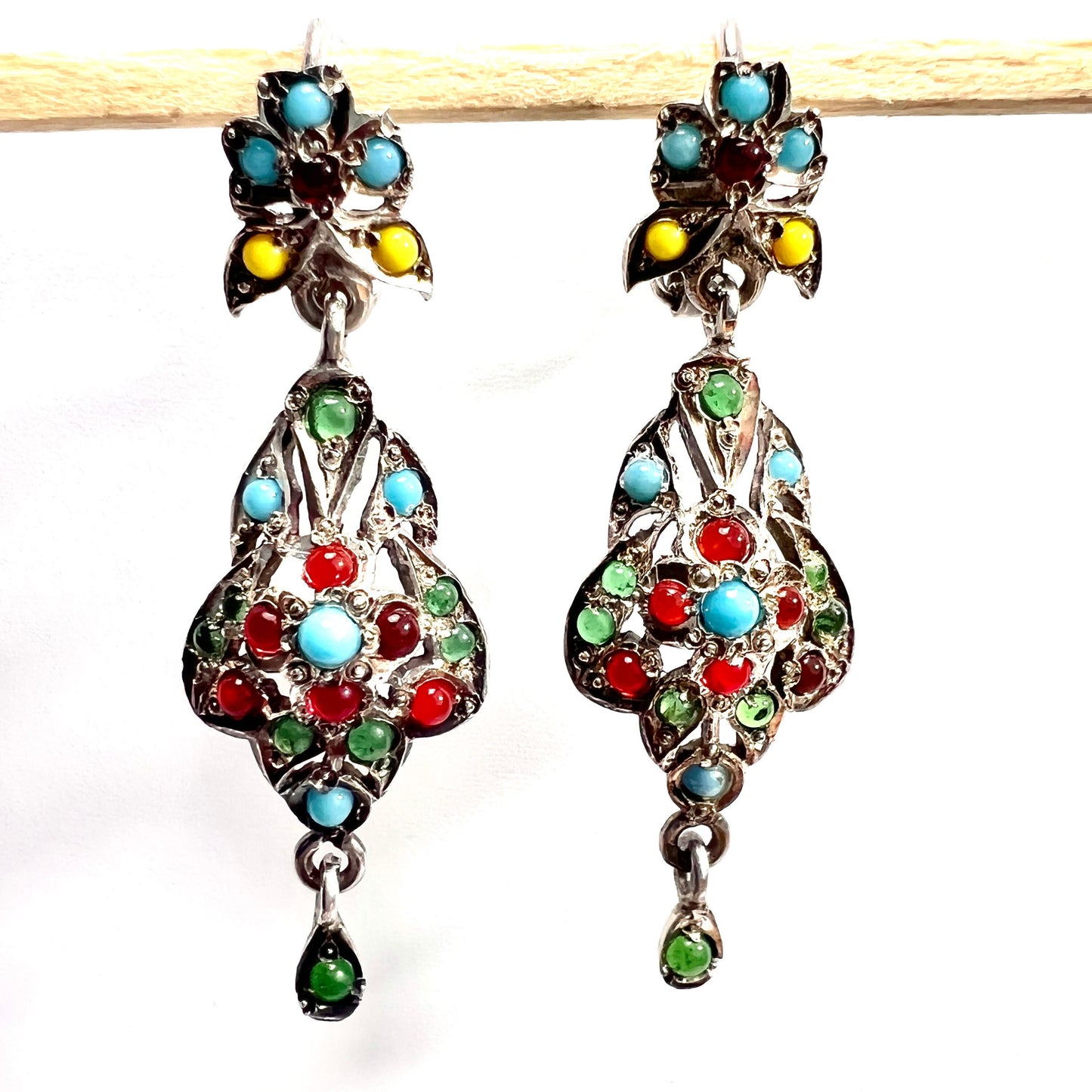 Vintage Sterling Silver Indian Glass Chandelier Earrings