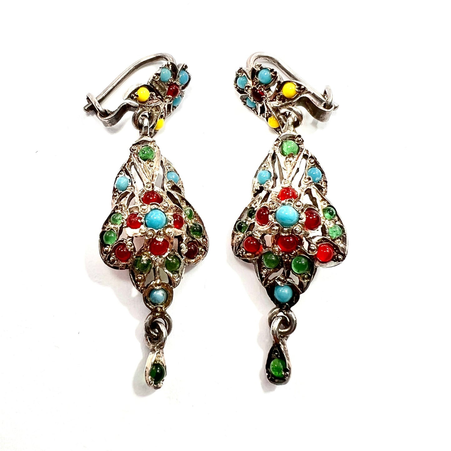 Vintage Sterling Silver Indian Glass Chandelier Earrings