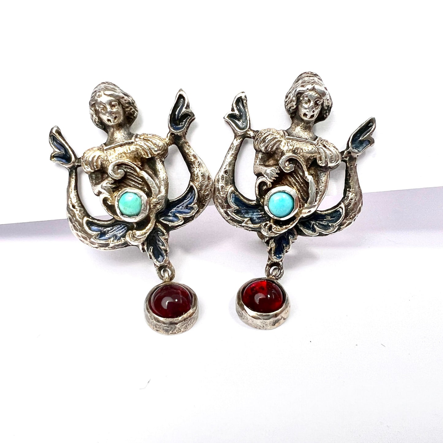 Rare Antique Austro Hungarian Style Enamel Silver Paste Earrings