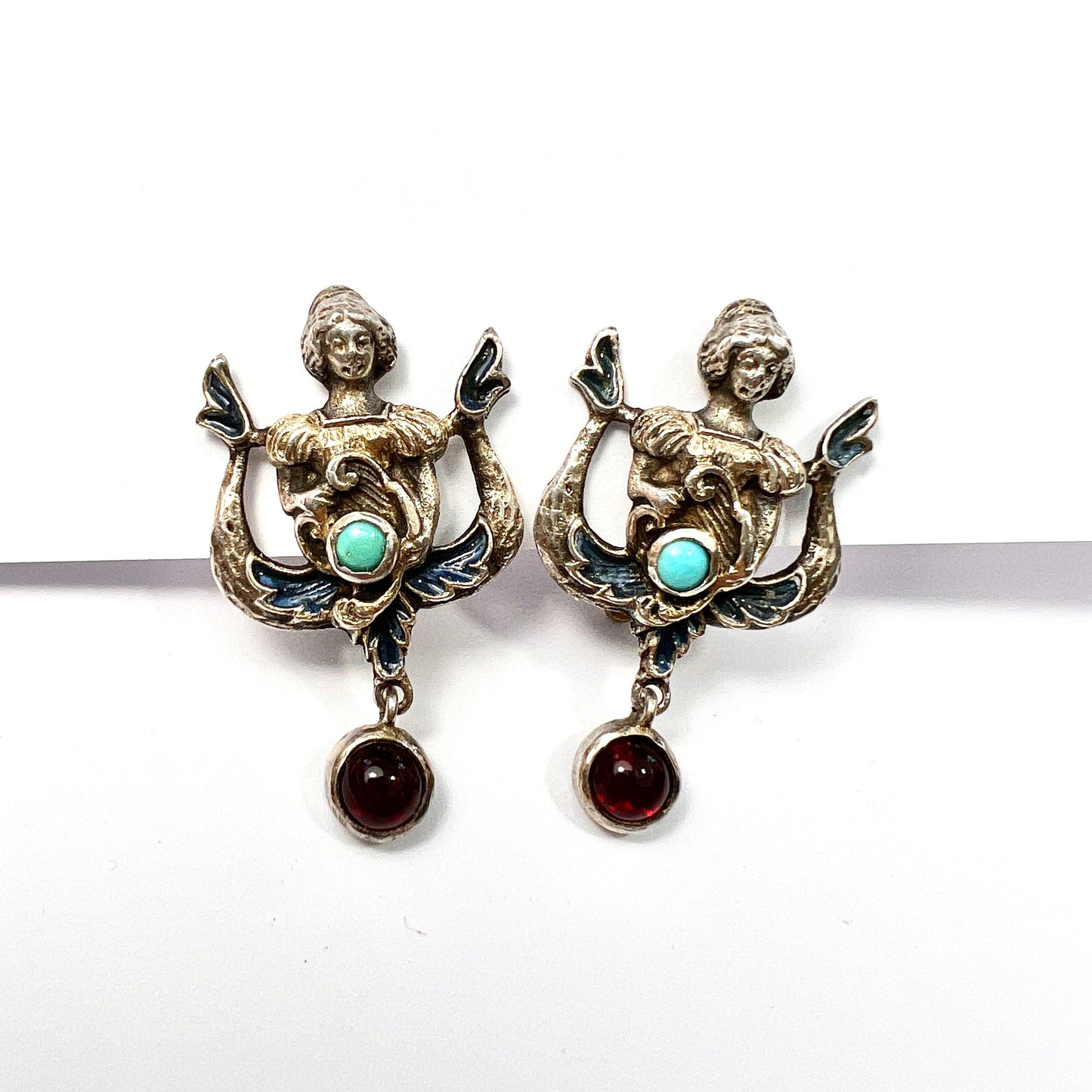 Rare Antique Austro Hungarian Style Enamel Silver Paste Earrings