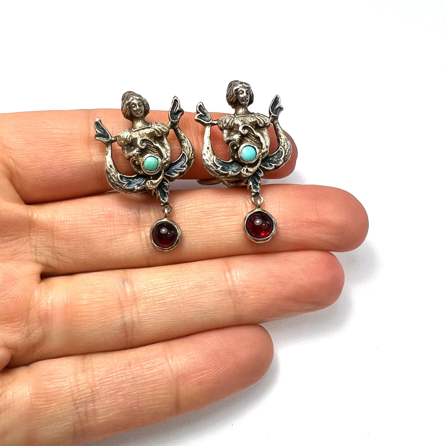 Rare Antique Austro Hungarian Style Enamel Silver Paste Earrings
