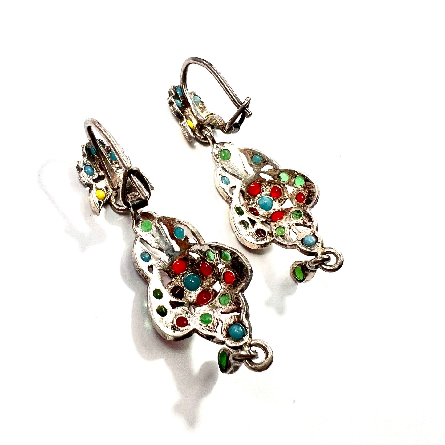 Vintage Sterling Silver Indian Glass Chandelier Earrings