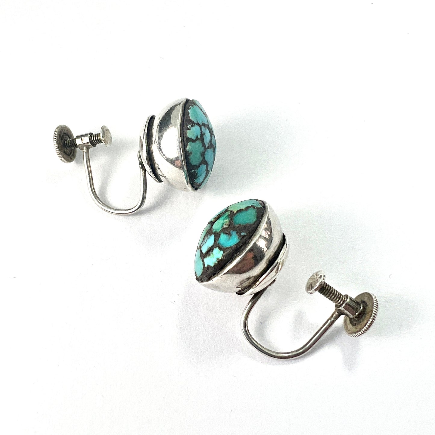Vintage Turquoise Mosaic Sterling Silver Screw Back Earrings