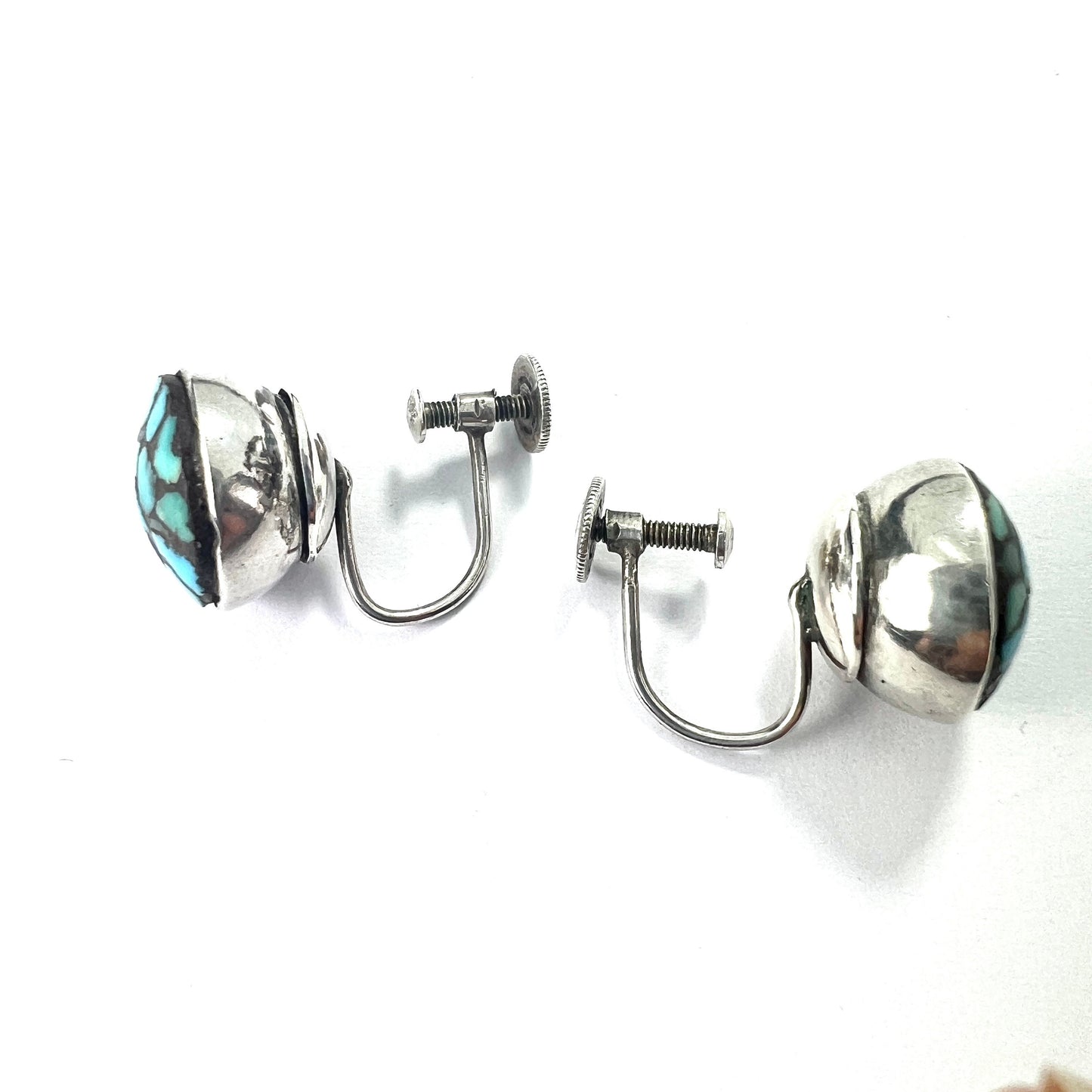Vintage Turquoise Mosaic Sterling Silver Screw Back Earrings