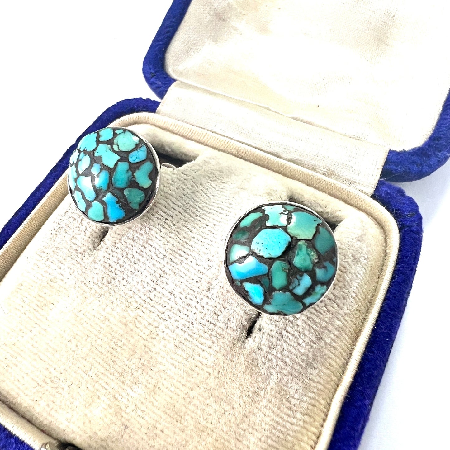 Vintage Turquoise Mosaic Sterling Silver Screw Back Earrings