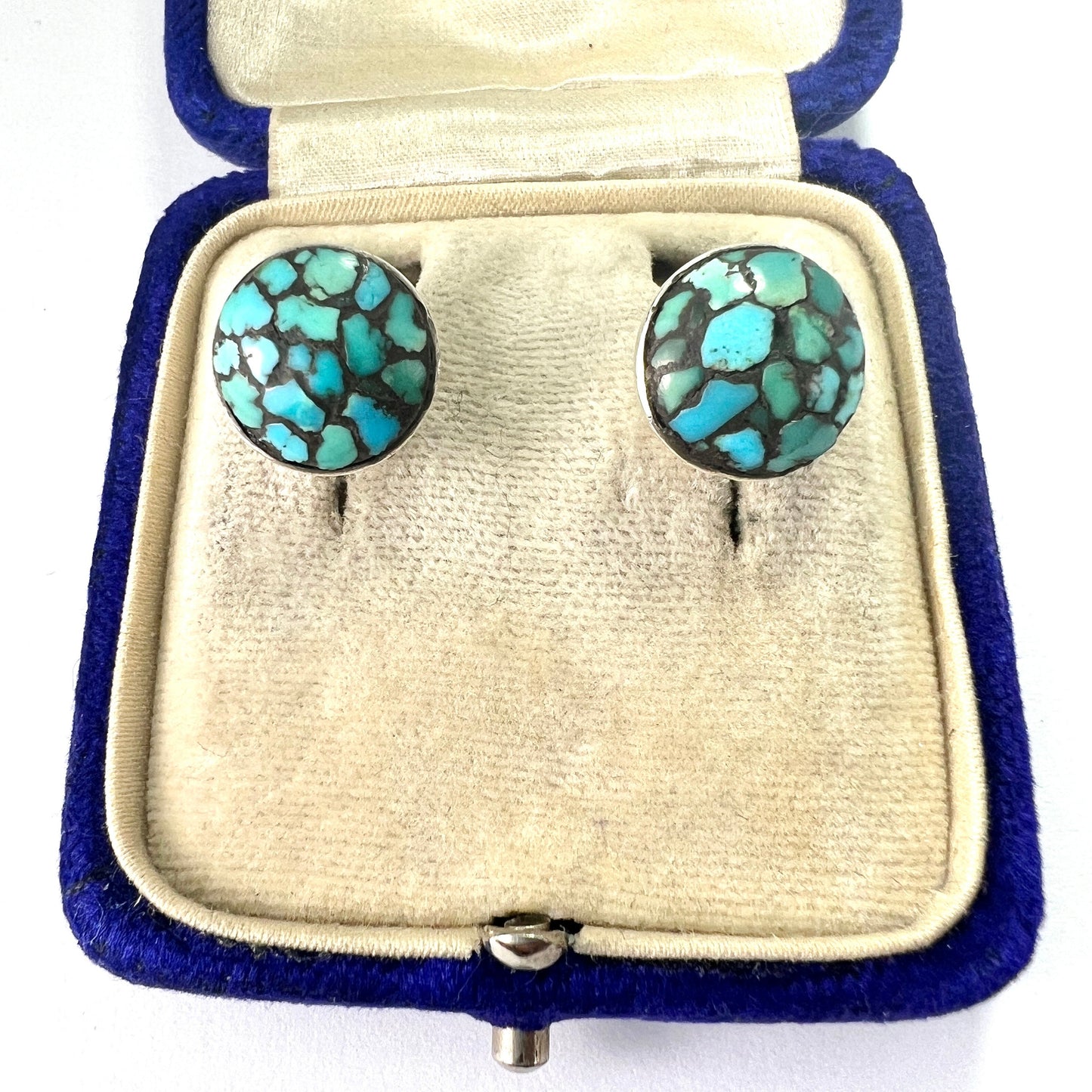 Vintage Turquoise Mosaic Sterling Silver Screw Back Earrings