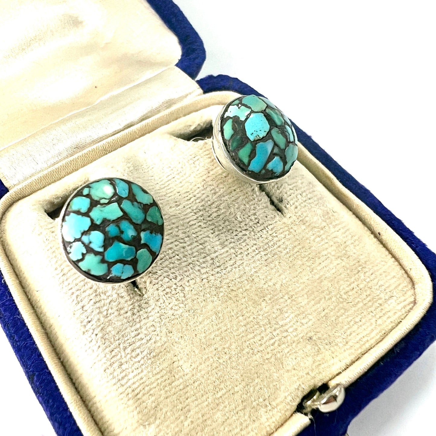 Vintage Turquoise Mosaic Sterling Silver Screw Back Earrings