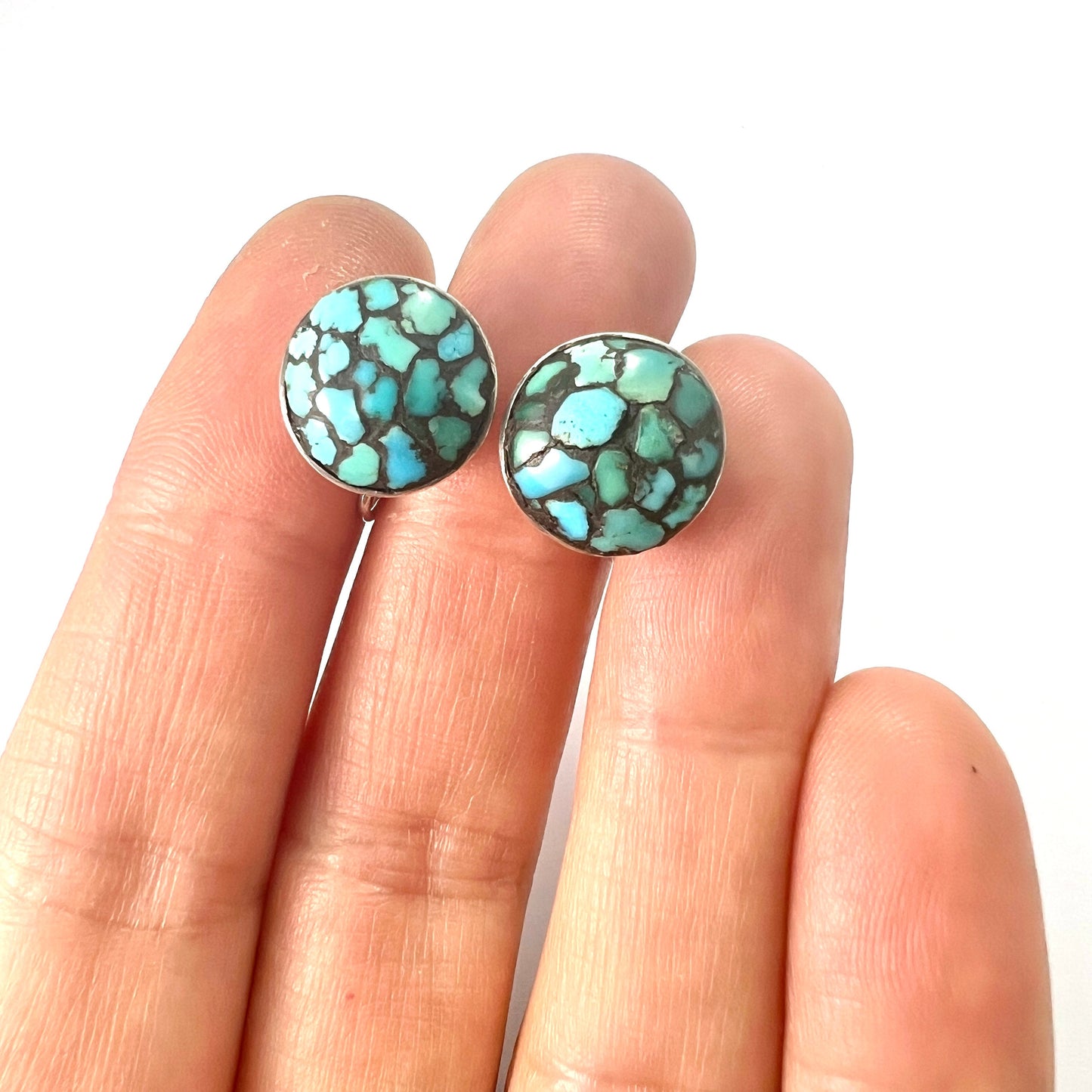 Vintage Turquoise Mosaic Sterling Silver Screw Back Earrings