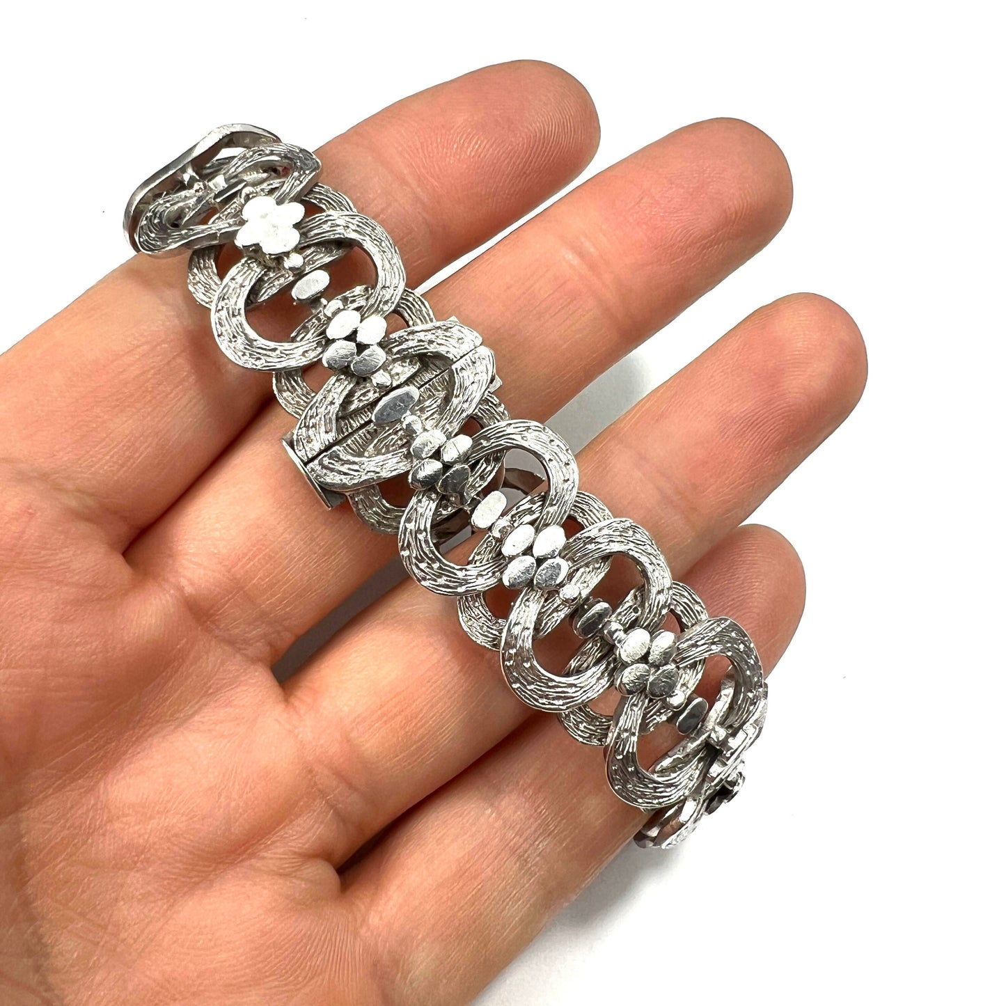 Vintage Sterling Silver Bark Textured Panel Bracelet