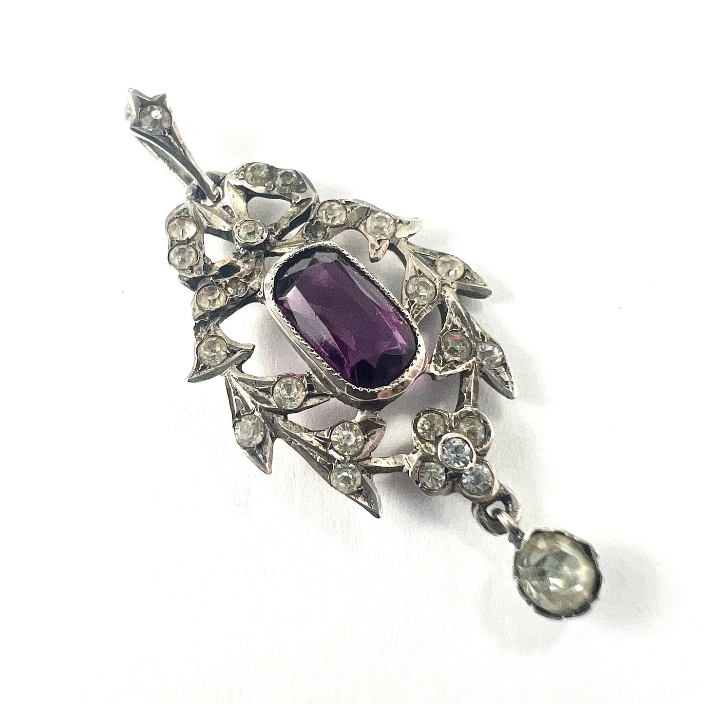 Antique Edwardian Amethyst Paste Silver Pendant Necklace