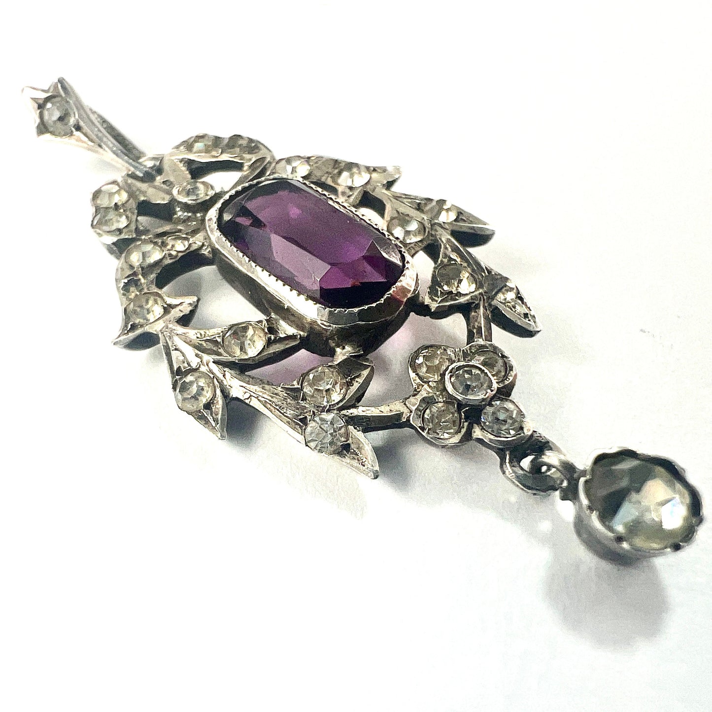 Antique Edwardian Amethyst Paste Silver Pendant Necklace