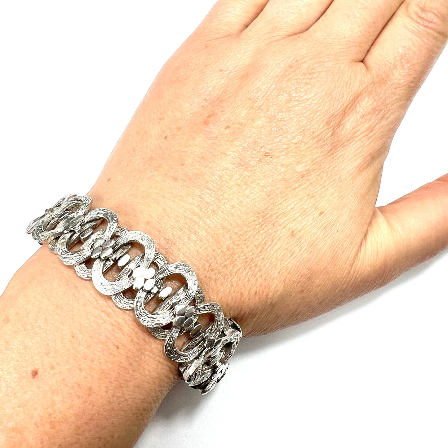 Vintage Sterling Silver Bark Textured Panel Bracelet