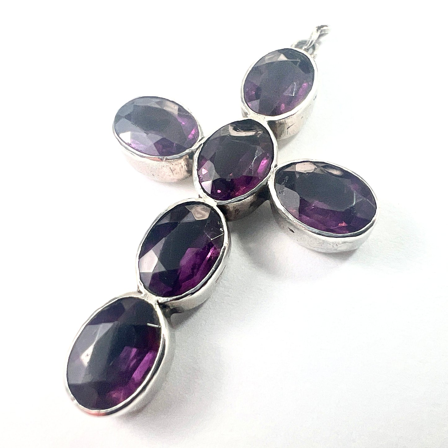 Antique Georgian Large Foiled Amethyst Paste Silver Cross Pendant
