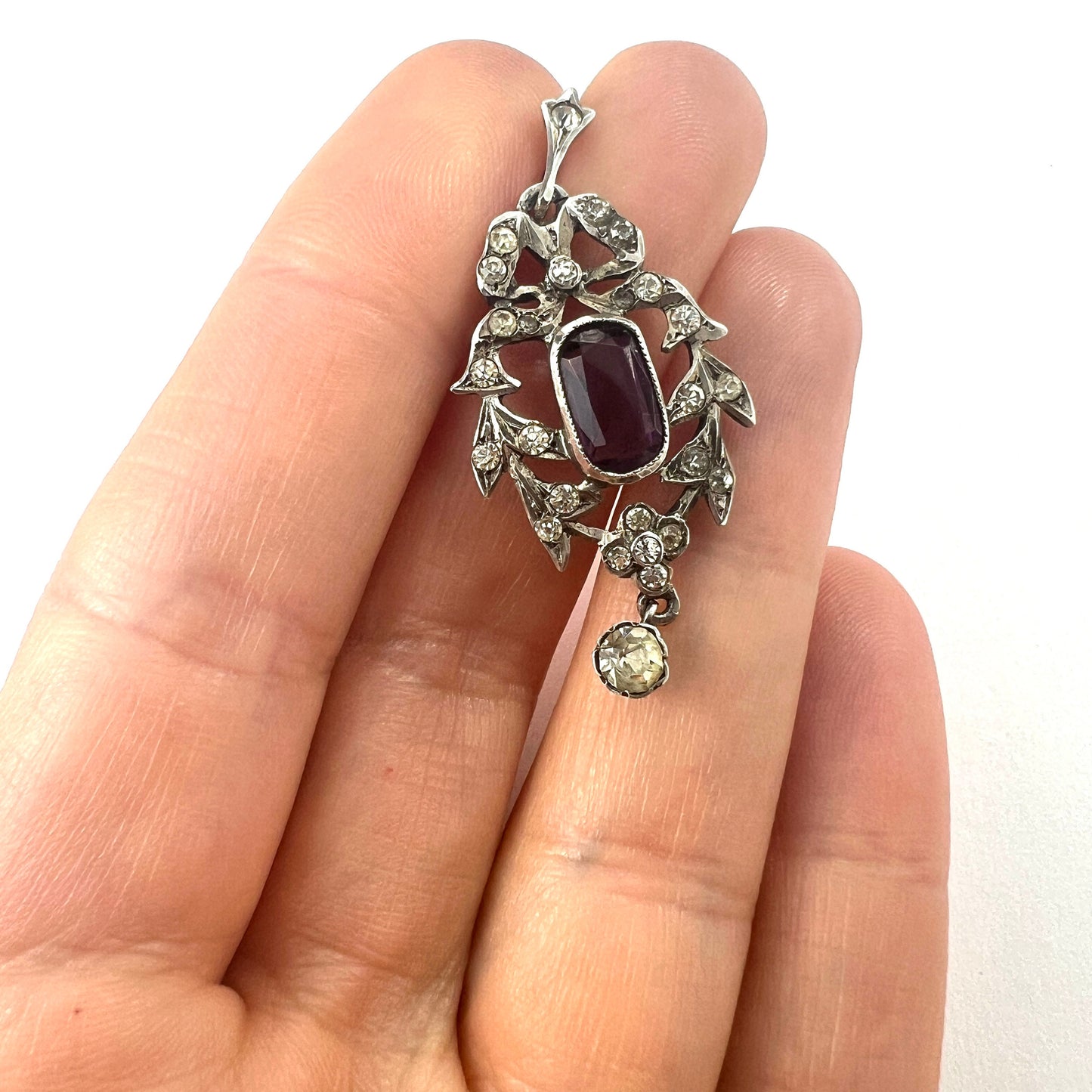 Antique Edwardian Amethyst Paste Silver Pendant Necklace