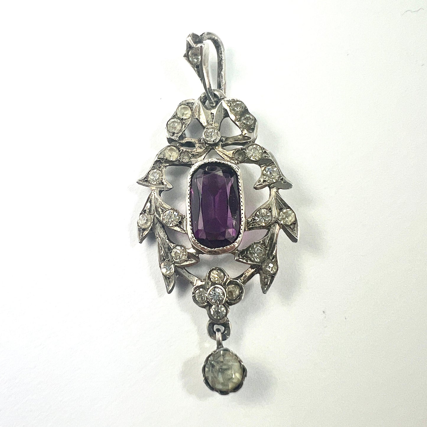Antique Edwardian Amethyst Paste Silver Pendant Necklace