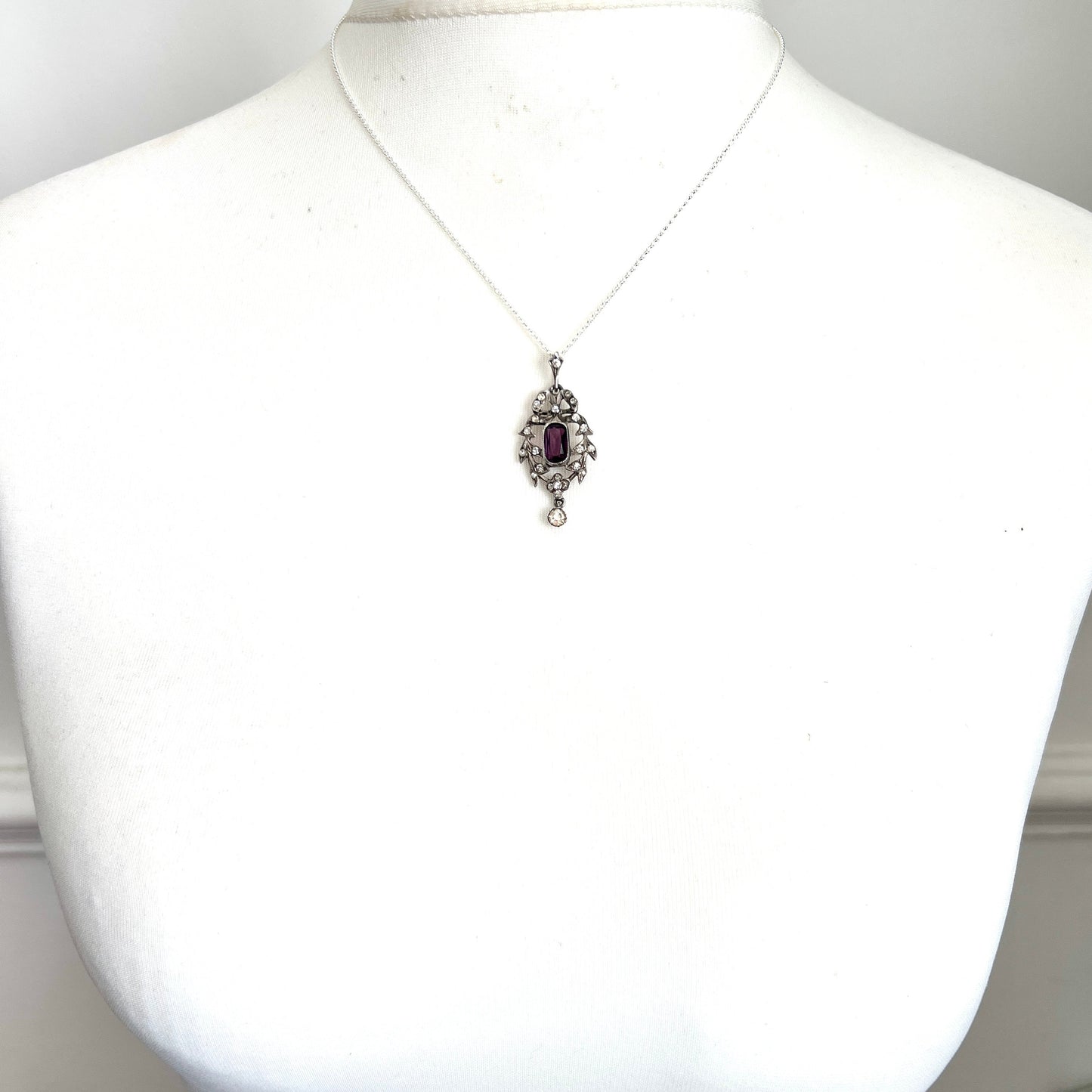 Antique Edwardian Amethyst Paste Silver Pendant Necklace