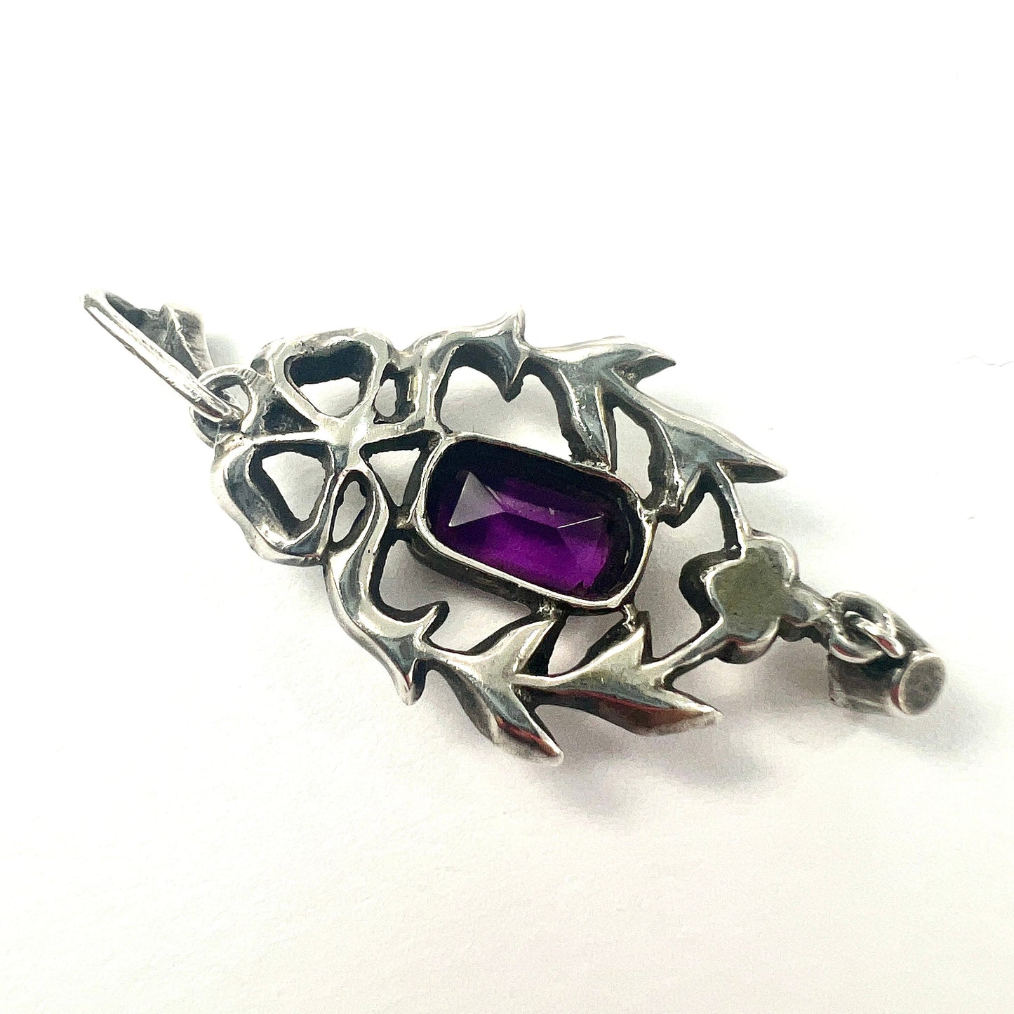 Antique Edwardian Amethyst Paste Silver Pendant Necklace