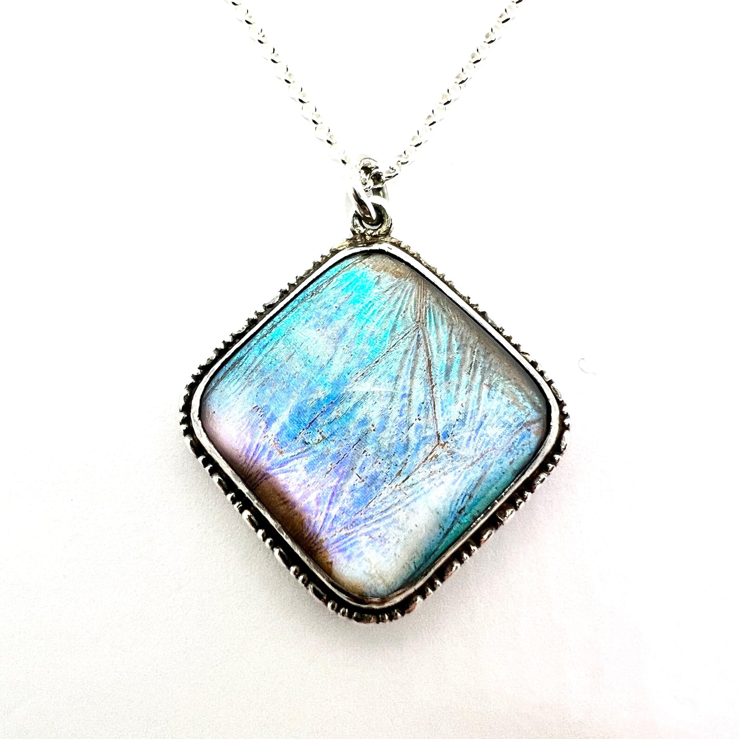 Vintage Art Deco Sterling Silver Blue Morpho Butterfly Wing Pendant Necklace