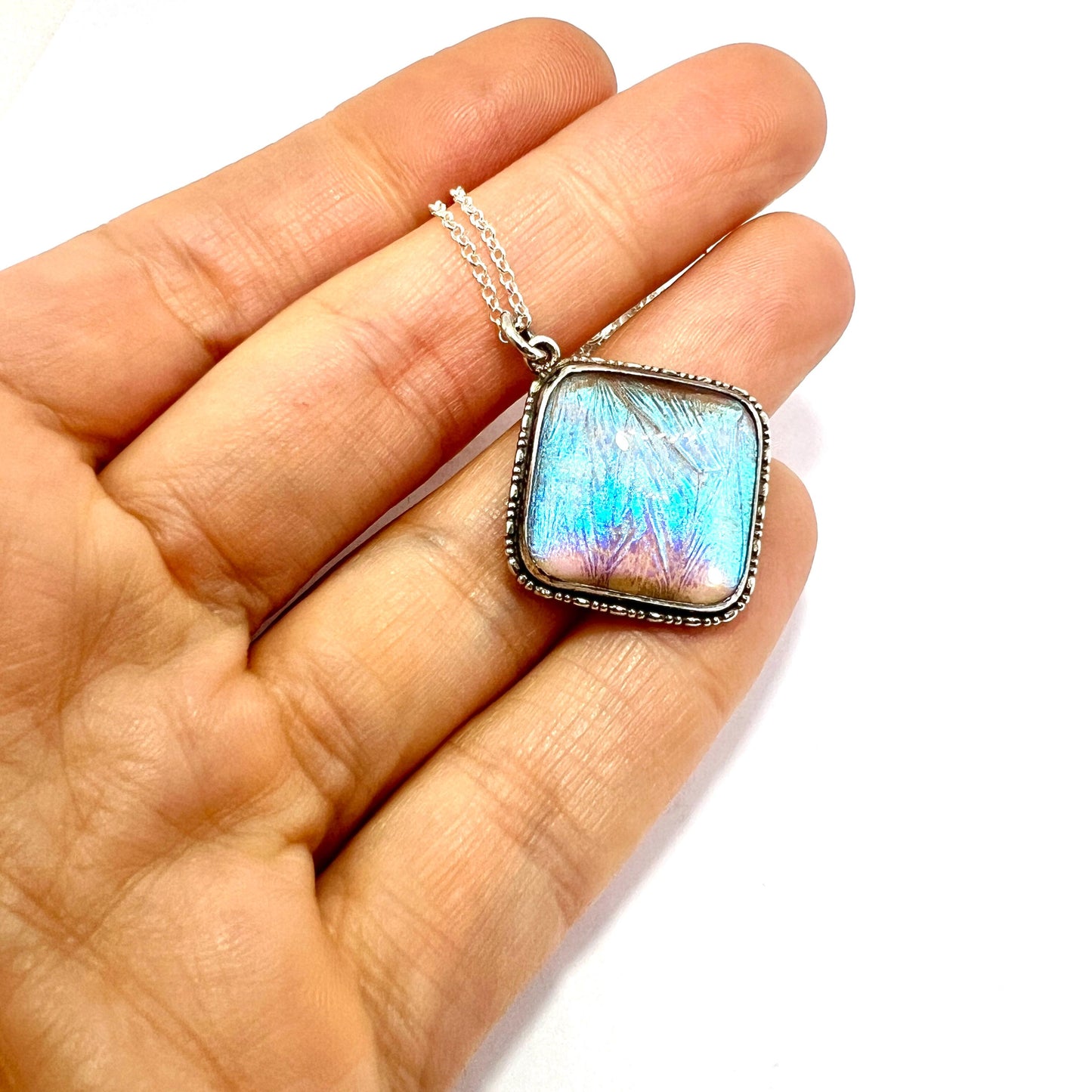 Vintage Art Deco Sterling Silver Blue Morpho Butterfly Wing Pendant Necklace