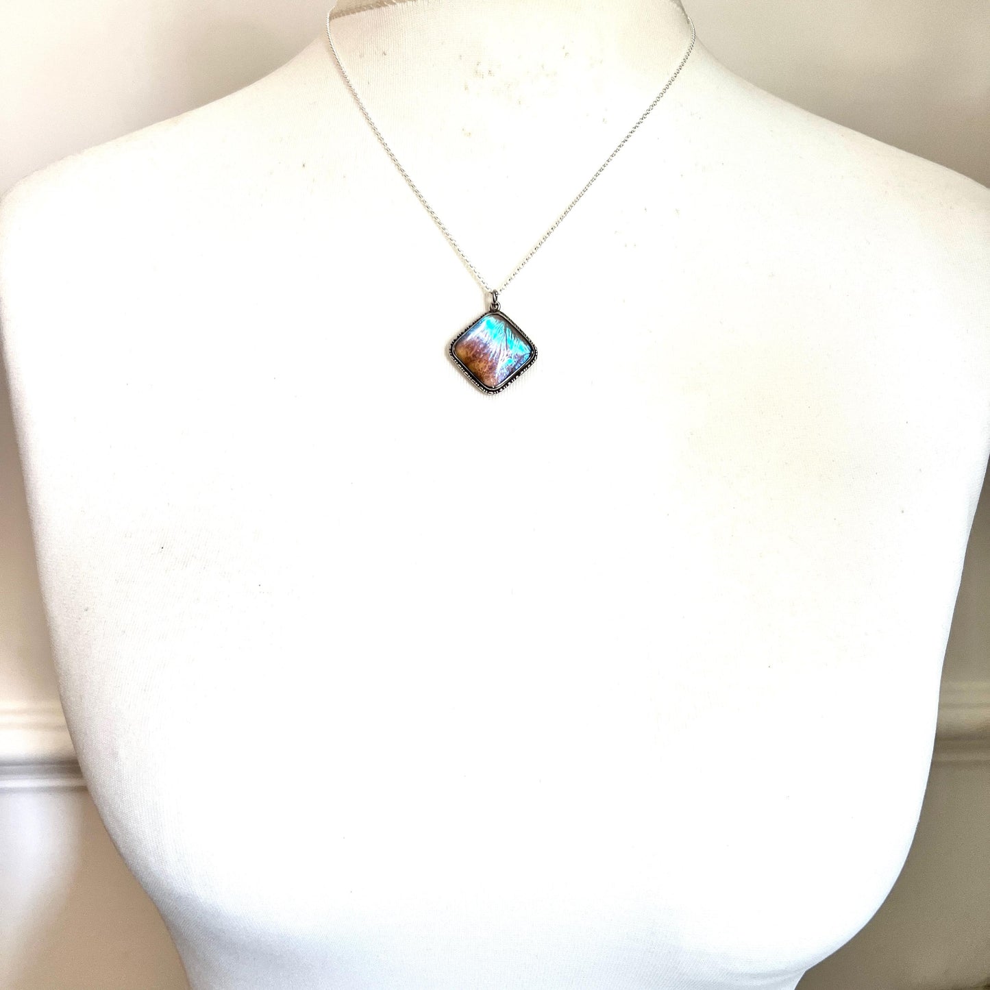 Vintage Art Deco Sterling Silver Blue Morpho Butterfly Wing Pendant Necklace