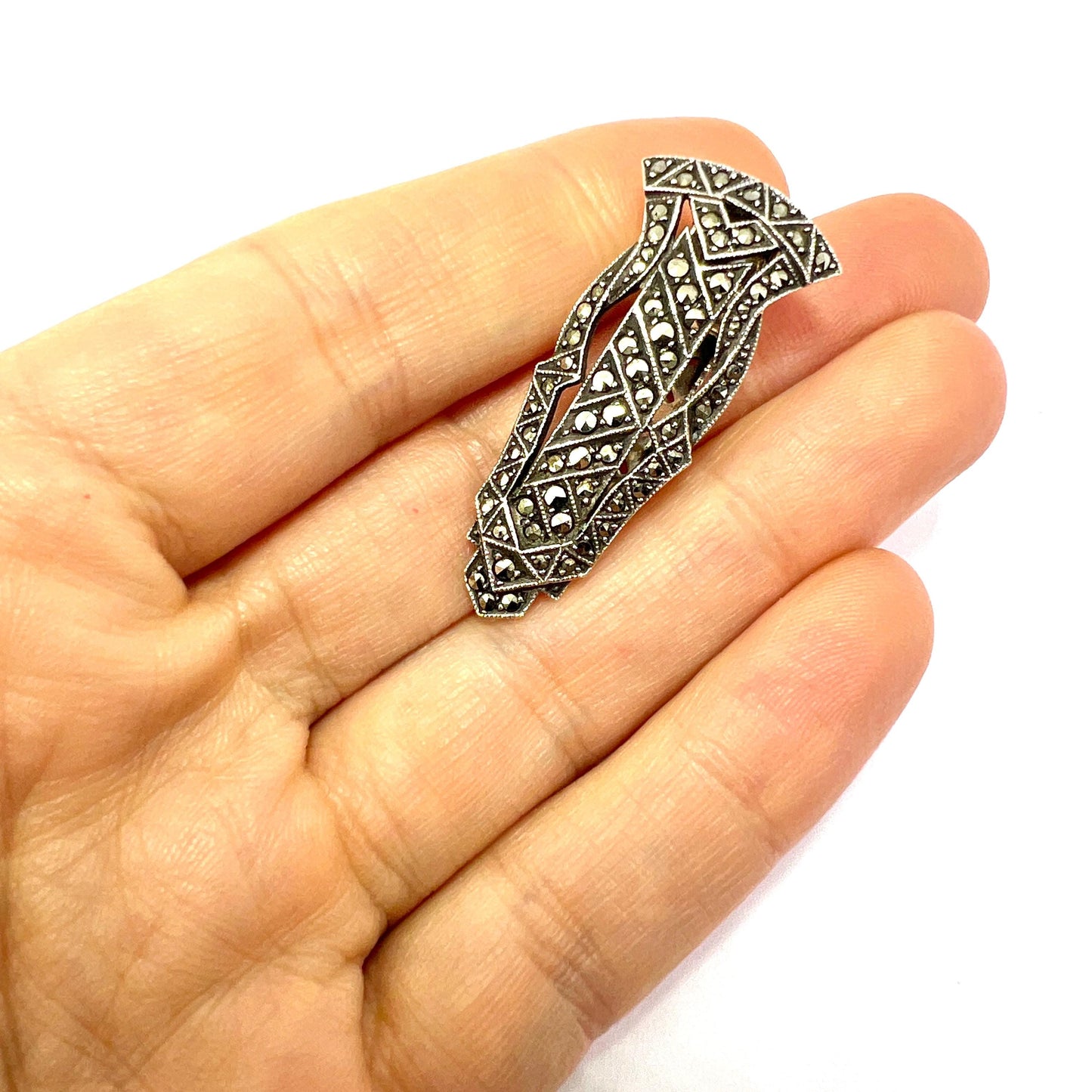 Vintage Art Deco Sterling Silver Marcasite Dress Clip • Fur Clip
