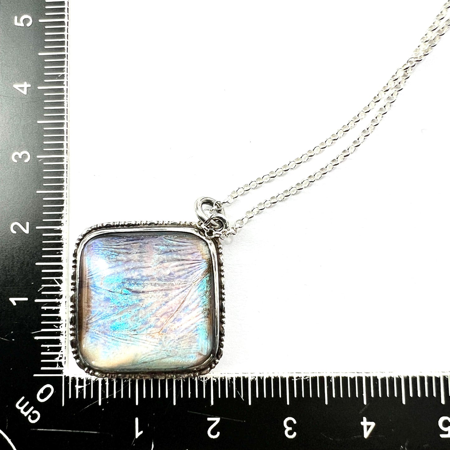 Vintage Art Deco Sterling Silver Blue Morpho Butterfly Wing Pendant Necklace