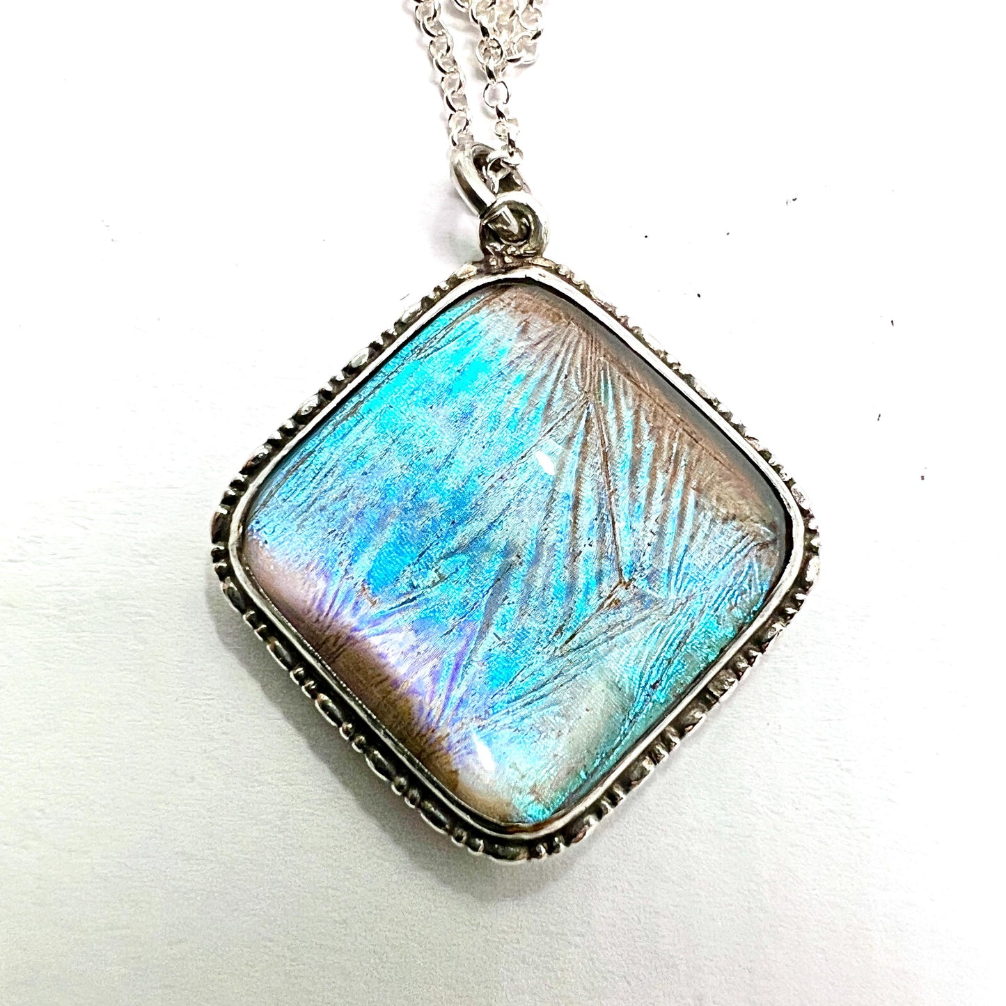 Vintage Art Deco Sterling Silver Blue Morpho Butterfly Wing Pendant Necklace