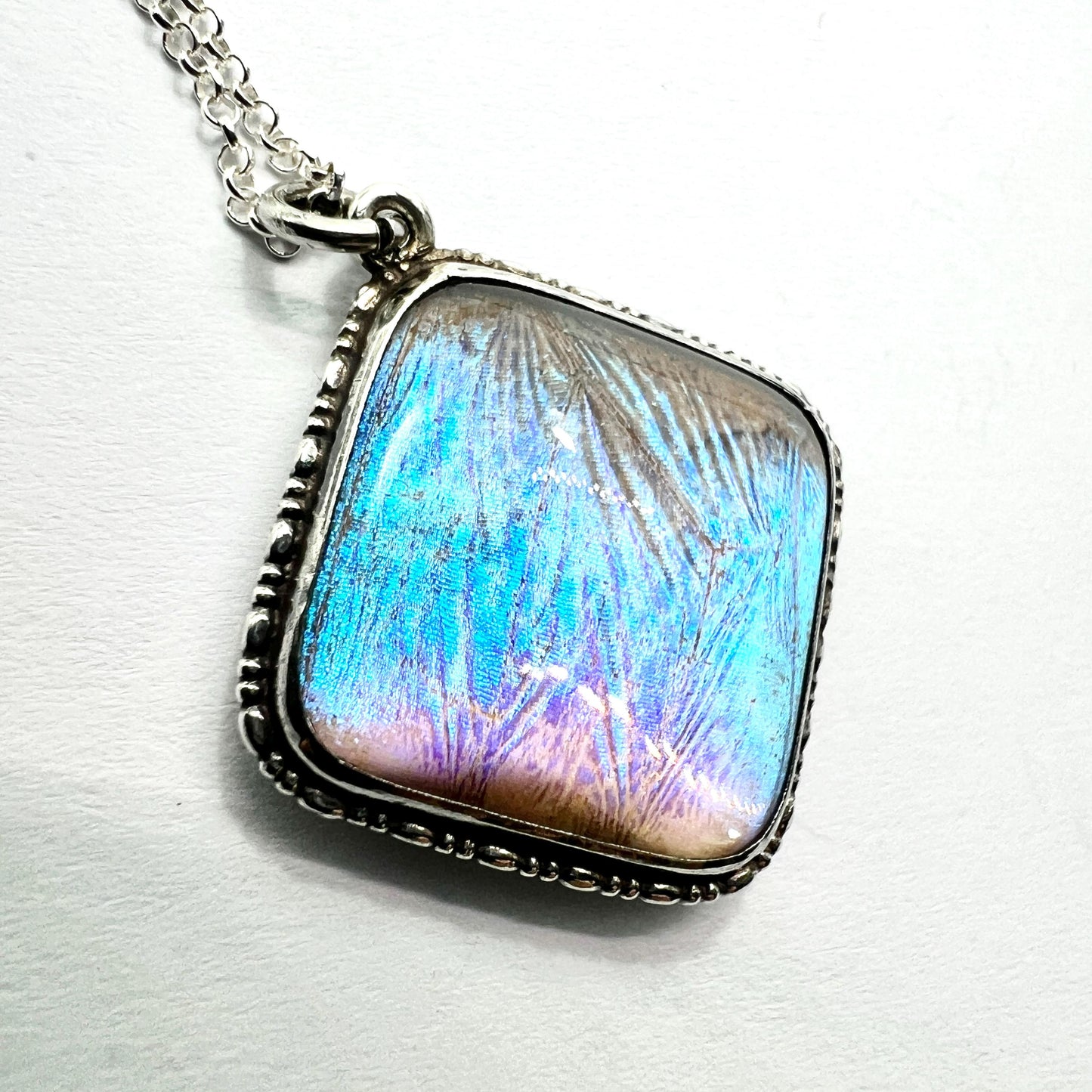 Vintage Art Deco Sterling Silver Blue Morpho Butterfly Wing Pendant Necklace