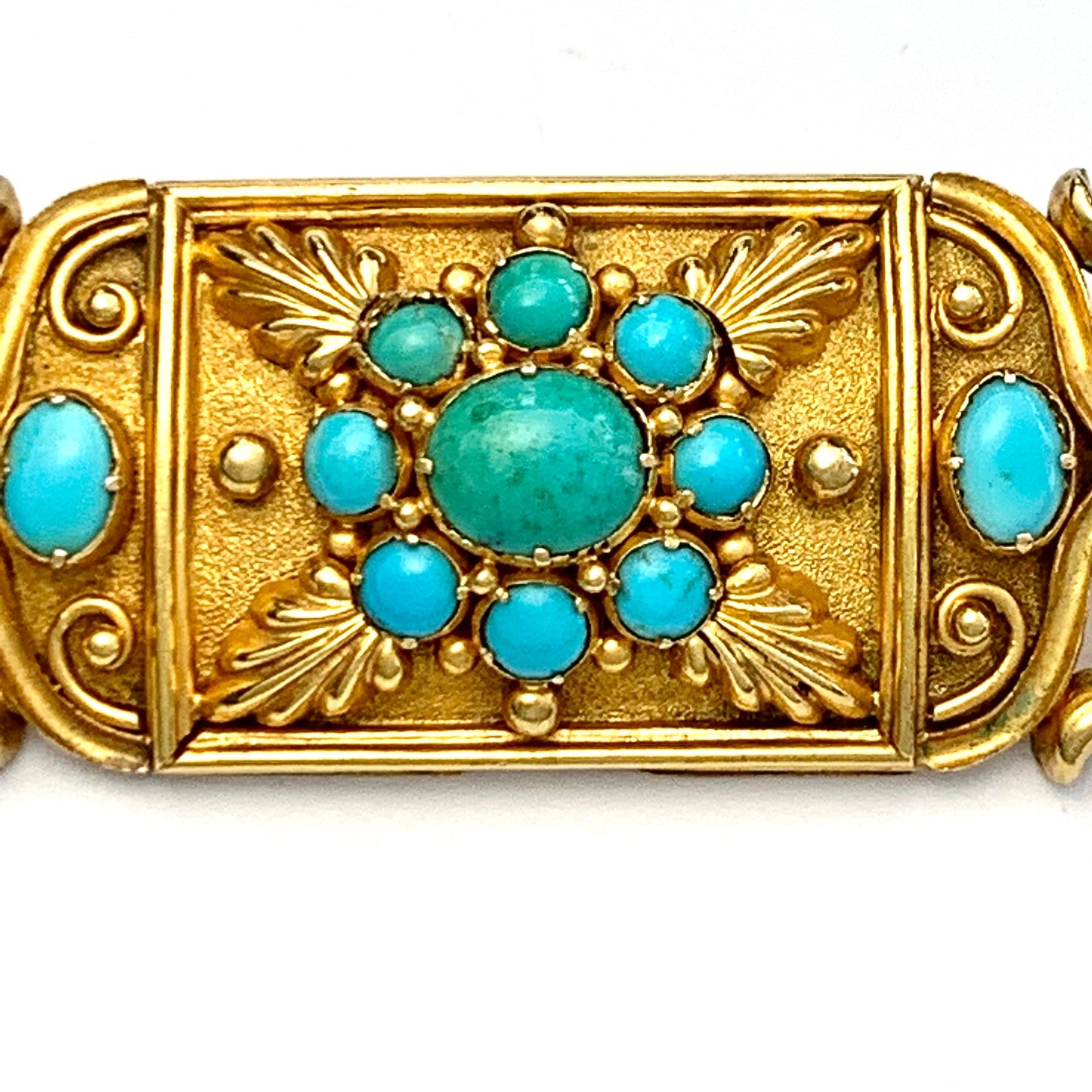 Large Victorian 15CT Gold Turquoise Etruscan Revival Brooch