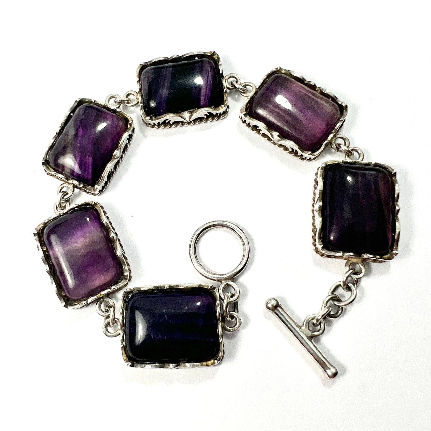 Vintage Chunky Fluorite Silver Panel Bracelet