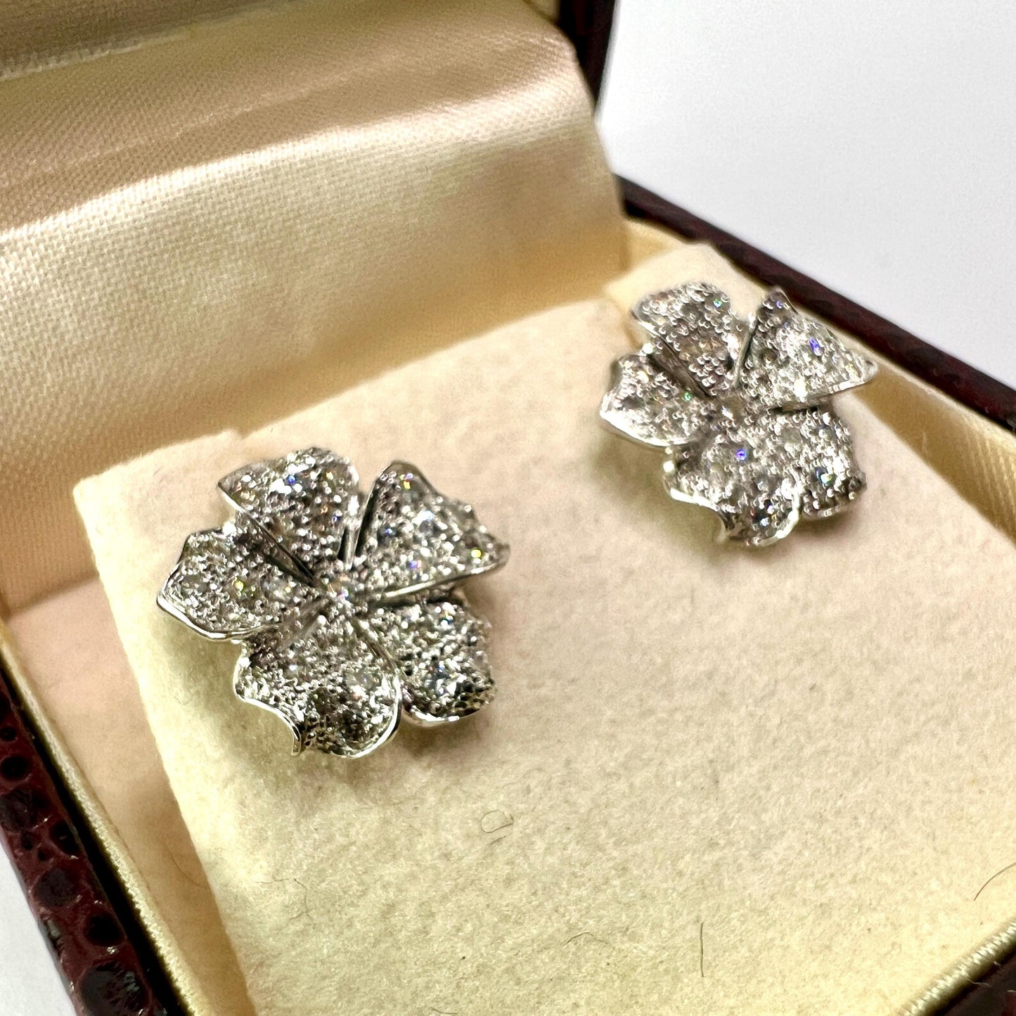 Vintage French Diamond Flower 18CT White Gold Stud Earrings