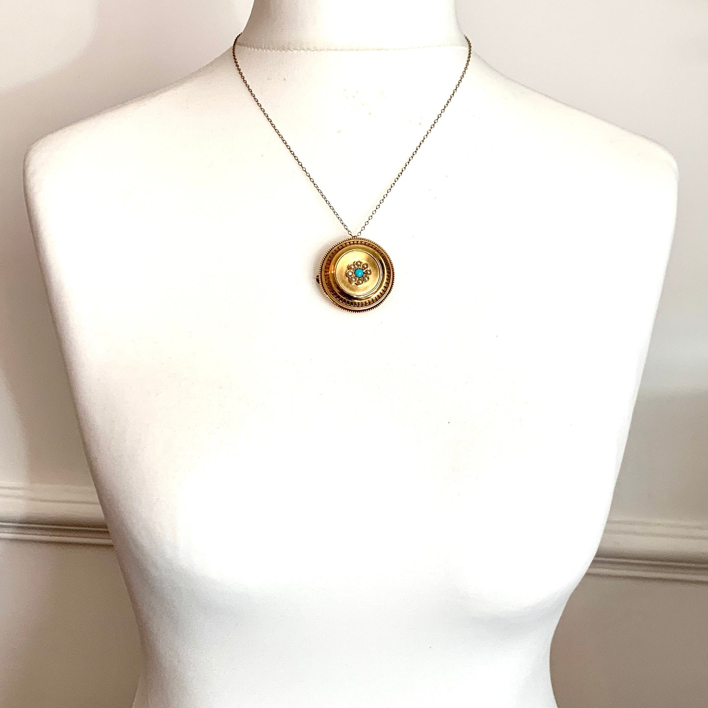 Victorian 15CT Gold Turquoise Pearl Locket Brooch Pendant