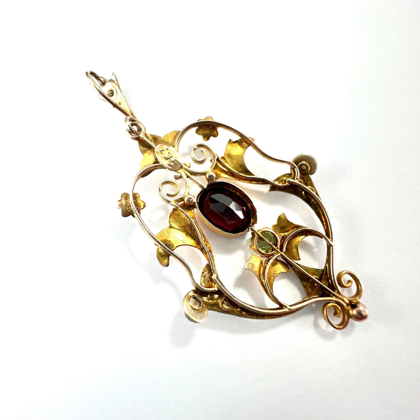 Edwardian 9CT Rose Gold Pearl Garnet Peridot Lavalier Pendant