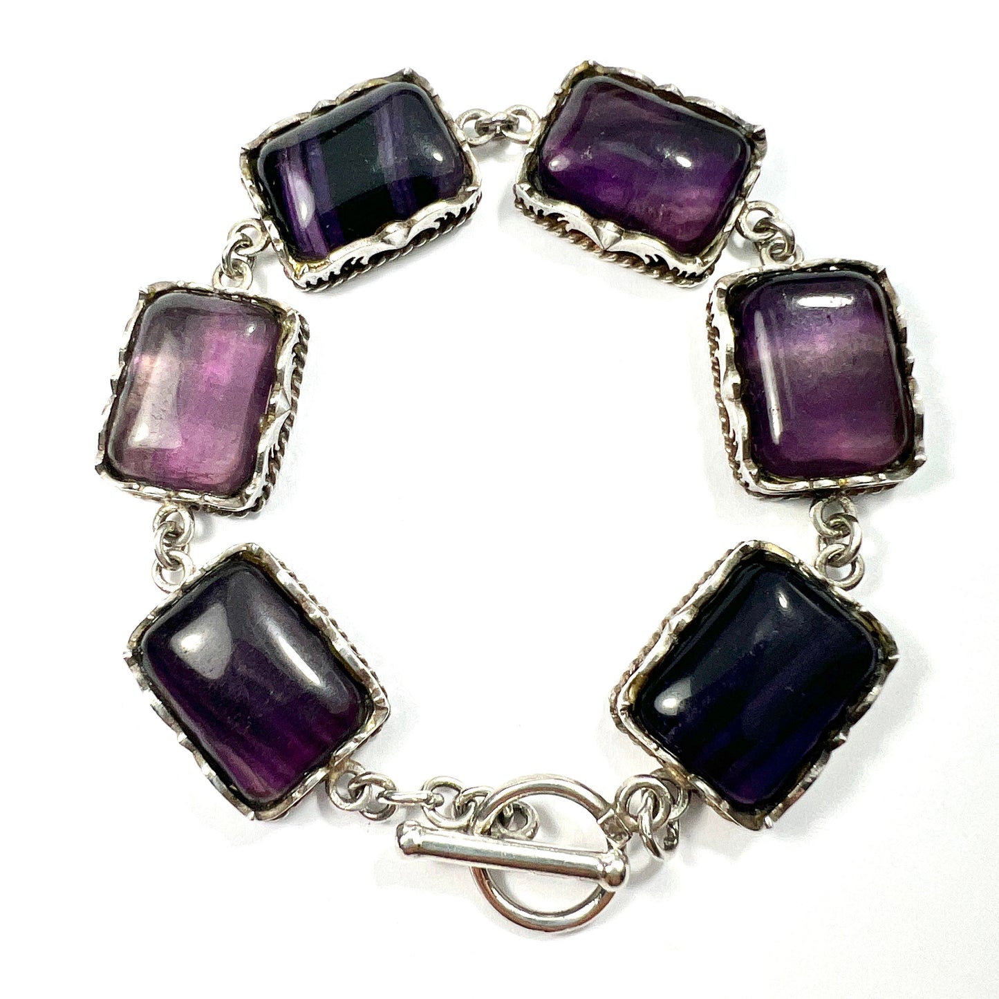 Vintage Chunky Fluorite Silver Panel Bracelet
