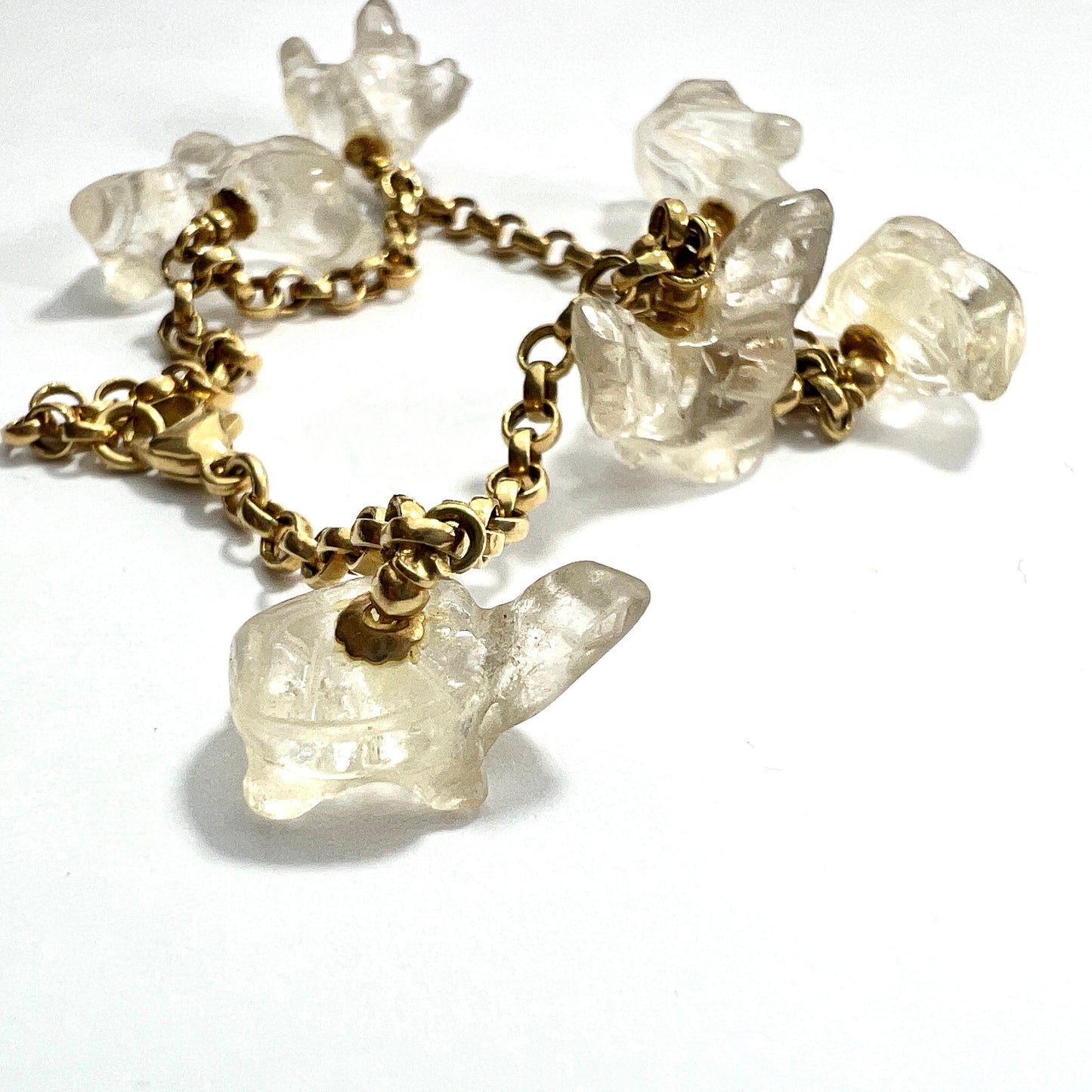 Rare Vintage 18CT Gold Rock Crystal Animal Charm Bracelet