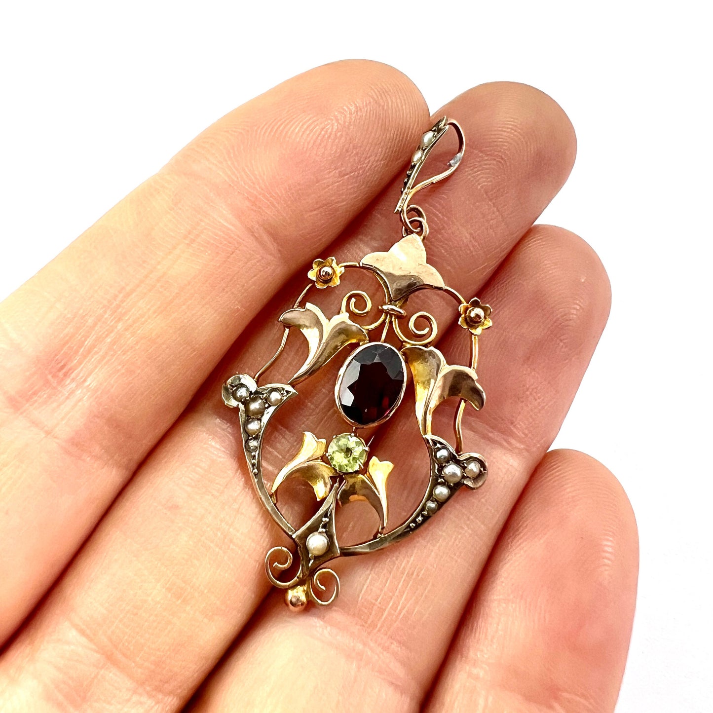 Edwardian 9CT Rose Gold Pearl Garnet Peridot Lavalier Pendant