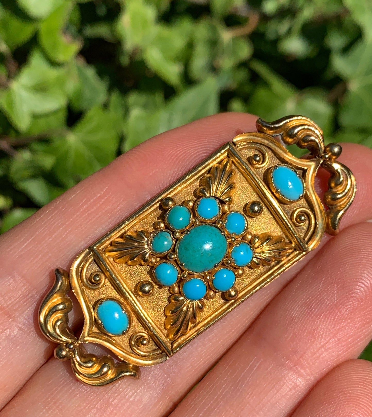 Large Victorian 15CT Gold Turquoise Etruscan Revival Brooch