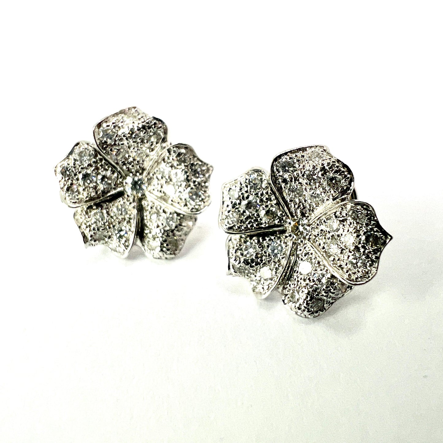 Vintage French Diamond Flower 18CT White Gold Stud Earrings